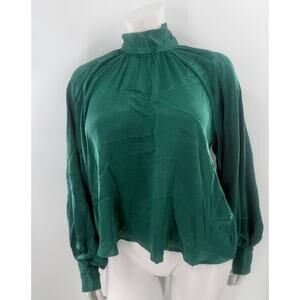 Aura Blouse Womens Large Green Satin Effect Long Sleeve Tie Back Mock Neck Work